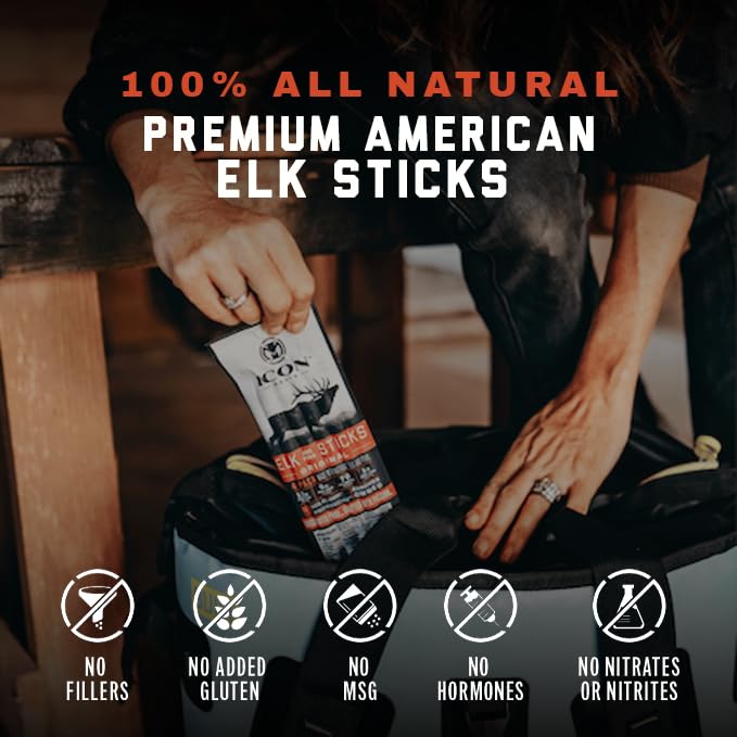 ICON Meats Elk and Pork Snack Sticks, Original, 6 Pack of High Protein Snacks, 4 Meat Sticks per Pack, Low Sugar, Gluten Free, Natural, USDA Inspected, Made in the USA, Gifts or Stocking Stuffers