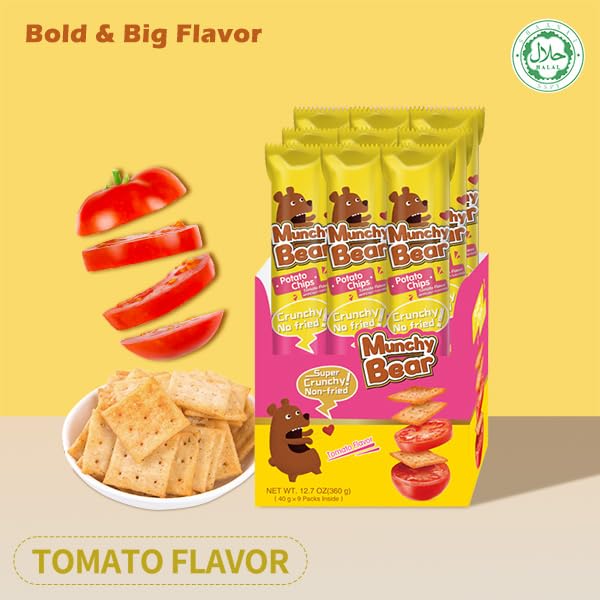 Munchy Bear Baked Savory Crackers – Tomato Flavor 9Packs, Non-Fried Crispy Crackers Halal-Certified Guilt-Free Snack