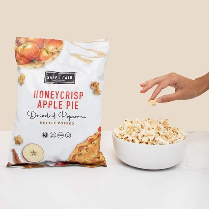 Safe + Fair Plant-Based Gourmet Apple Pie Flavored Popcorn - Honeycrisp Apple Pie Drizzled Kettle Corn Popcorn Non-GMO Gluten-Free Snacks 5.5 ounce, 6 Pack