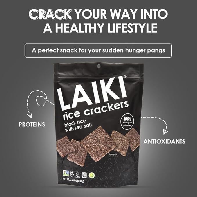 Gluten Free Rice Crackers - Seed-Oil Free - Snacks - Low Sodium Crackers Crunch - Allergen-Friendly , Vegan, Non-GMO Verified, FODMAP Friendly, Black Rice Simply Sea Salt flavor - 3.53 Oz Bag (Pack of 8)