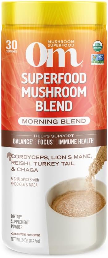 OM MUSHROOM SUPERFOOD Morning Energy Blend – Caffeine-Free Powder with Cordyceps, Lion’s Mane, Rhodiola & Vitamin D2 – Supports Energy, Focus & Endurance – 8.47 oz Canister (30 Servings)