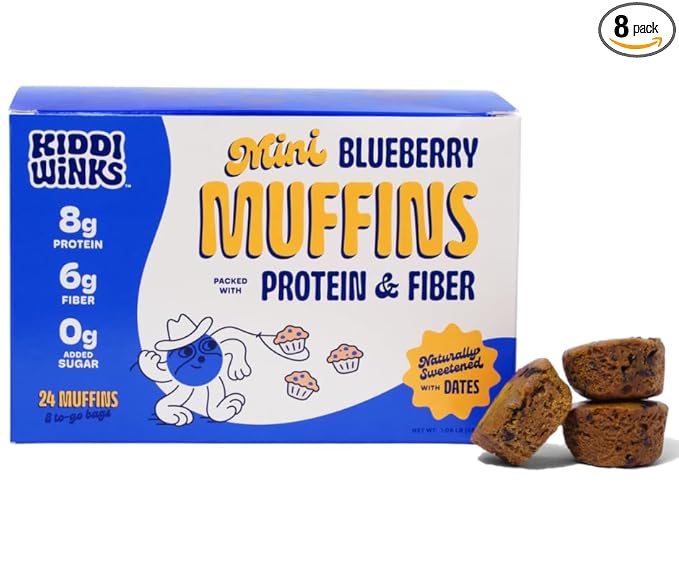Kiddiwinks High Protein and Fiber Mini Muffins for Kids - Blueberry, 8g Protein, 6g Prebiotic Fiber for Gut Health, No Added Sugar, No Nuts, No Seed Oil, Healthy Snacks and Breakfast To Go (8 pack)