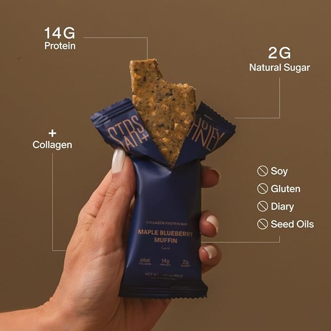 Stars + Honey Protein Bars - Maple Blueberry Muffin,14g Protein, 2g Sugar, w/Collagen Keto Friendly Snack - Gluten, Dairy, Seed Oil, & Soy Free - High-Protein Snacks for Energy & Recovery -10 pack