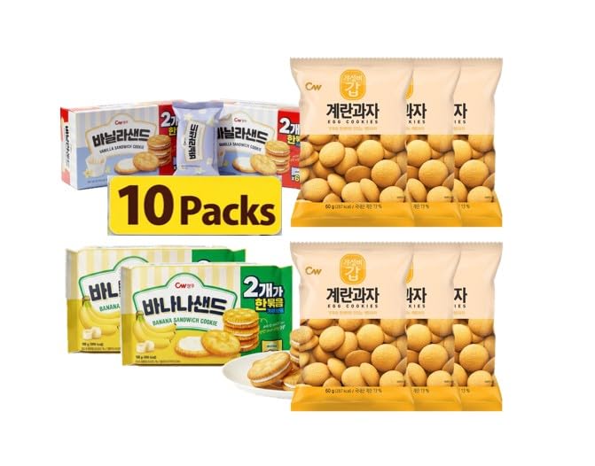 Korean Food CW Assorted Cookie Variety Pack, Egg Cookies & Vanilla & Banana Sandwich Cookies, Total 10 Packs (900g / 31.75 oz), Korean Snack Gift Box