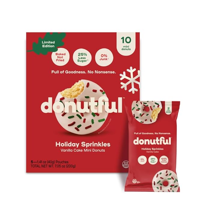 Donutful Holiday Sprinkles Mini Donuts – Baked Not Fried, Less Sugar, Nothing Artificial, Non-GMO, Individually Wrapped Snack Packs (30 Donuts/Box)