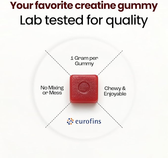Creatine Monohydrate Gummies - Supports Muscle Growth, Recovery & Brain Function - Convenient & Easy to Take - Great Tasting Watermelon Flavor - 1g per Gummy, Low Sugar - 90 Count