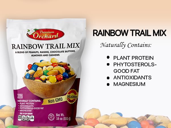 MIXED NUTS Rainbow Trail Mix by Premium Orchard - Healthy Trail Mix Variety Pack Peanuts Raisins Cashews Almonds Chocolate Buttons Heart Healthy Snacks for Adults and Kids Snacks