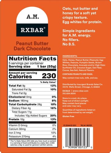 RXBAR A.M. Protein Bars, Gluten Free Snacks, Breakfast Snacks, Peanut Butter Dark Chocolate, 9.7oz Box (5 Bars) (Pack of 2)
