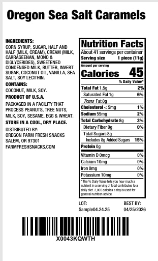 Oregon Farm Fresh Snacks Salted Caramel Gourmet Candy - Individually Wrapped Candy - Vanilla & Sea Salt Caramels - Soft & Chewy Oregon Products (16oz.)