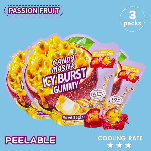 Candy Master Peelable Fruit Gummies – Passionfruit Flavors 3 Packs, 6 Flavors Fun to Peel, Chewy Texture, Halal-Certified