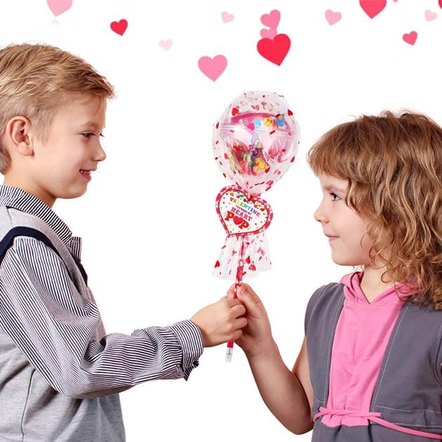 POPGIFTU Candy-Free Valentine’s Day Gifts for Kids – 28 Pack Giant Lollipop Stationery Valentines Kit with Cards, Pencils, Erasers, Rulers & Stickers –Classroom Valentine Cards for School Party Favors