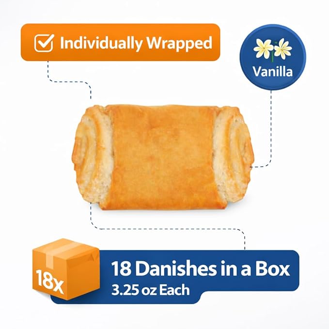 Stern’s Bakery Vanilla Danish | 18 Individually Wrapped Vanilla Pastries | 3 Oz Breakfast Danish Pastries | Vending Machine | Lunchbox Snack | Dairy Free | Nut Free Snacks
