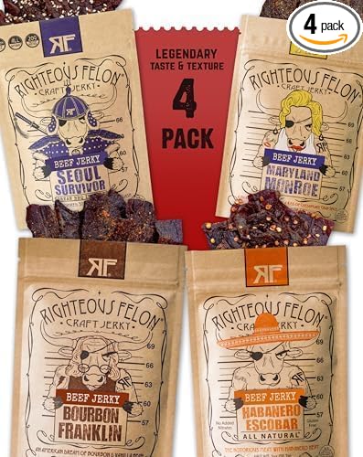 Righteous Felon Beef Jerky Variety Pack | Gluten Free Snack Packs for Adults | High Protein, Keto, Low Sugar | Made with Premium Meats | Valentines Day Gifts for Men | Spicy Jerky 4 Pack