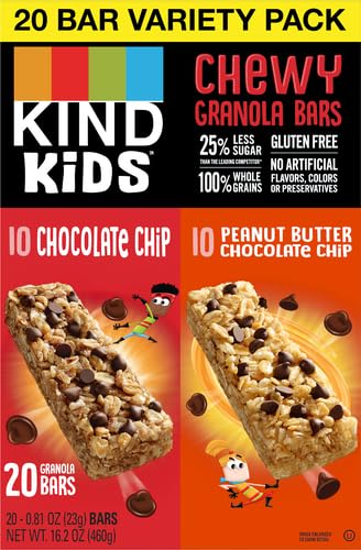 KIND Chewy Granola Bars, Variety Pack, Chocolate Chip and Peanut Butter Chocolate Chip, Gluten Free, 100 Calories, Whole Grains and Oats, 20 Count (Pack of 2)
