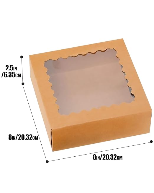 qiqee 8x8x2.5 Inch Brown Pastry Box With Window Donut Pie Boxes 12pcs Bakery Box (Auto-pop Up)