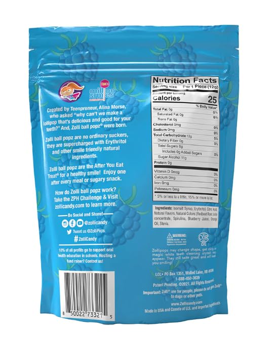 Zollipops Clean Teeth Pops Sugar Free Candy with Xylitol, Dye-Free Lollipops - Keto & Diabetic-Friendly, Dentist-Approved Treats for Kids (Blue Raspberry 5.2 oz)