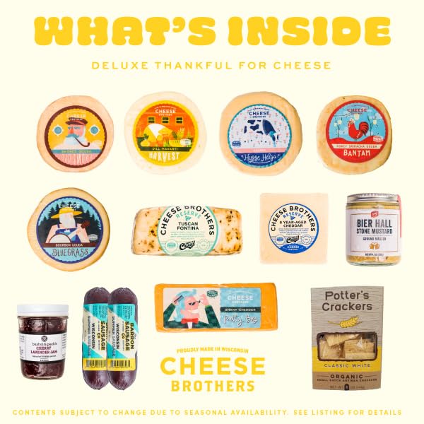 Chees Bros Deluxe "Thankful for Cheese" Gift Box | Fresh from Wisconsin | Featuring Dill Havarti, Sharp Cheddar, Smoked Gouda, Fontina Cheese, Jam, Mustard, Crackers | Thanksgiving Host Gifting Idea