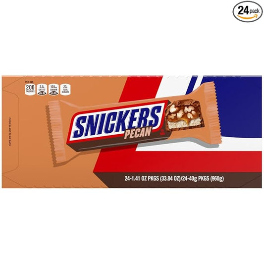 SNICKERS Pecan Milk Chocolate Candy Bar - Full Size Bars, Bulk Box Individually Wrapped, 24-Pack, 33.8 oz