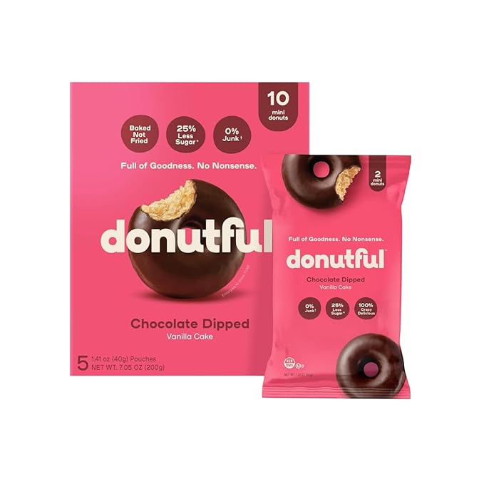 Donutful Chocolate Dipped Mini Donuts – Baked Not Fried, Less Sugar, Nothing Artificial, Non-GMO, Individually Wrapped Snack Packs (30 Donuts/Box)