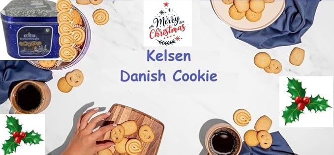 Danish cookie (Kelsen).Kelsen Danish Butter Cookies in Decorative Holiday Tin, 80 Ounce (300 Cookies). Christmas Butter Cookies 5 Lb . Best Holiday Present For Friends, Entire Family, Corporate, Clients, Coworkers, Schools. Come With Maryse's Place Hol...
