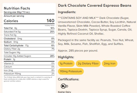 Nuts.com – Dark Chocolate Covered Espresso Bean – 2 Pound Bag, Great Snack for Adults, Good Source of Antioxidants & Caffeine – For Office, Holiday Gatherings & Home Snacking