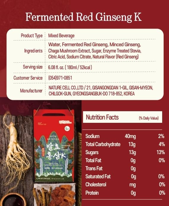 Korean Food Red Ginseng Drink with Siberian Chaga, 9-Steamed 9-Dried Ginseng, Vegan-Friendly, 15 Cans × 180ml (6.08 fl oz), Naturecell