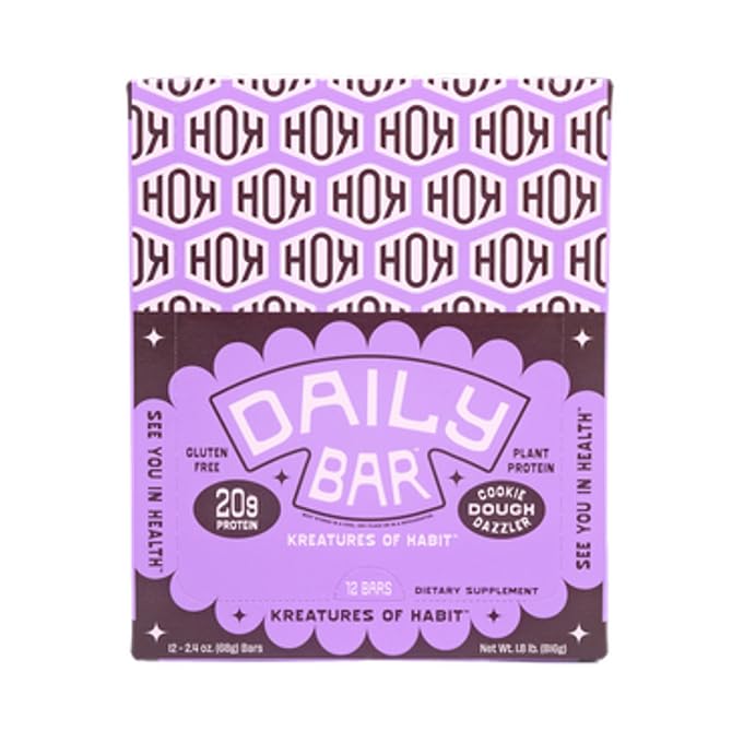 Kreatures of Habit DAILY BAR | Chocolate Chip Cookie Dough Dazzler (Pack of 12) – 20g Plant-Based Protein Bar | 3g of Creatine Monohydrate Per Bar, Gluten-Free, Vegan, Non-GMO
