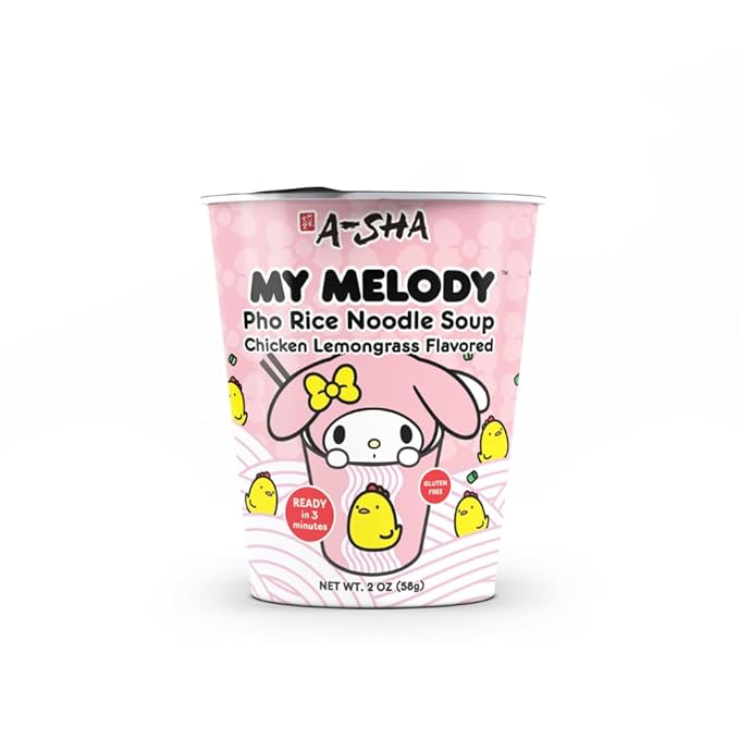 A-SHA My Melody Pho Cup Rice Noodle (6 Cups), Chicken Lemongrass Flavor, Vegetarian, Gluten-Free, Premium Microwavable Rice Noodle Soup, No MSG, Authentic Flavor