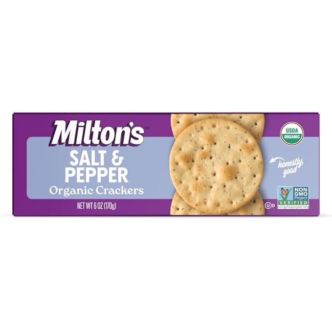 Milton's Organic Crackers, Salt & Pepper - Certified Organic, Non-GMO Project Verified, Kosher, Great for Charcuterie Boards - 6 Oz