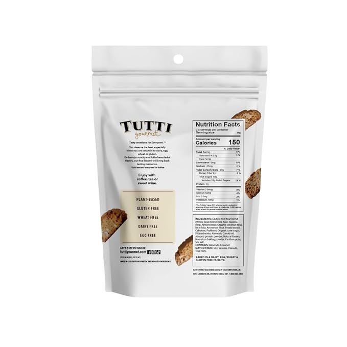 Tutti Gourmet Gluten Free Almond Biscotti, 9.9 oz (283g) Resealable Cookie Bag - Plant Based Vegan and Halal Snacks, Crunchy Italian Cookies for Coffee and Tea