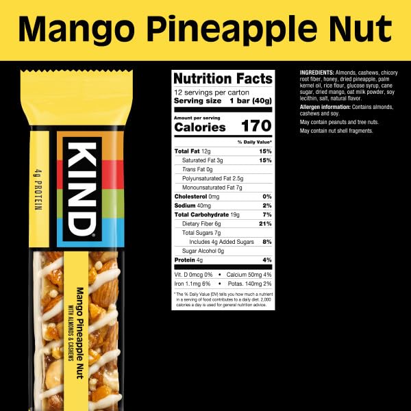 KIND Healthy Snack Bars, Mango Pineapple Nut, 4g Protein, High in Fiber, Gluten Free, Non-GMO, 12 Count