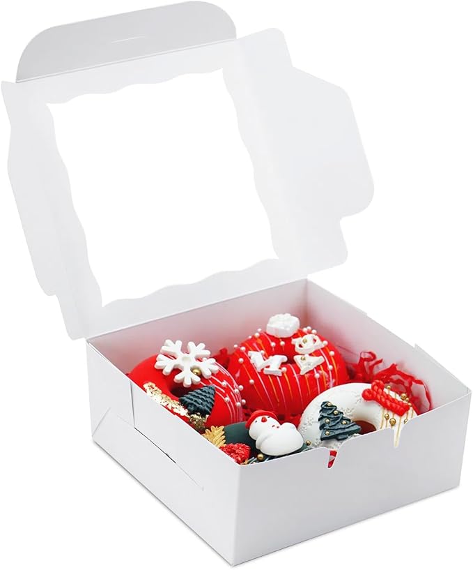 JOHOPACK 50pcs Cookie Boxes 6x6x2.5 Inch Bakery Boxes with window Chocolate Covered Strawberries Box Treat Box for Mini Cake Macaroon Dessert Pastry Muffins