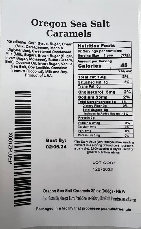 Oregon Farm Fresh Snacks Salted Caramel Gourmet Candy - Individually Wrapped Candy - Vanilla & Sea Salt Caramels - Soft & Chewy Oregon Products (32oz)