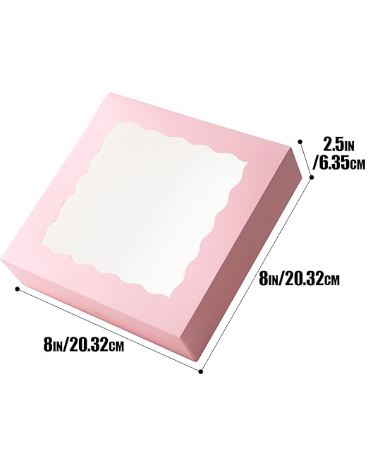 qiqee 8x8x2.5 Inch Pink Pastry Box With Window Donut Pie Boxes 12pcs Bakery Box (Auto-pop Up)