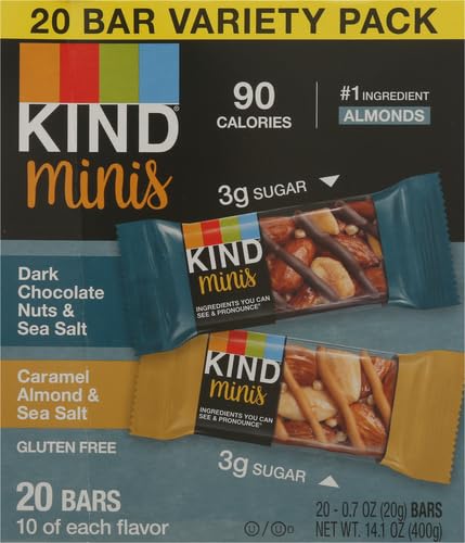 KIND Minis Snack Bars, Dark Chocolate Nuts & Sea Salt and Caramel Almond & Sea Salt, 3g Sugar, Gluten Free Bars, Variety Pack, 0.7 OZ, (20 Count) (Pack of 2)