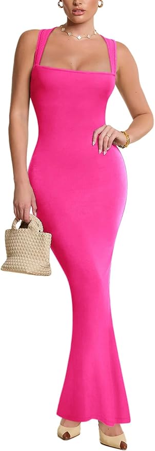 REORIA Sexy Square Neck Sleeveless Elegant Ribbded Long Maxi Dress Wedding Guest Dresses for Women 2026 Summer