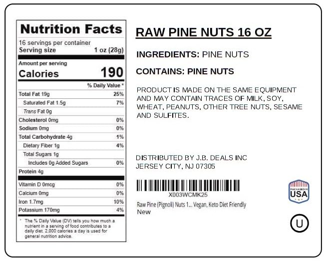 Raw Pine Nuts 1 Pound | Whole Natural Unsalted Pignolias | Great for Cooking, Baking, Salads, Pesto Sauce, Roasting | Vegan, Keto, Paleo Friendly | Jaybee's