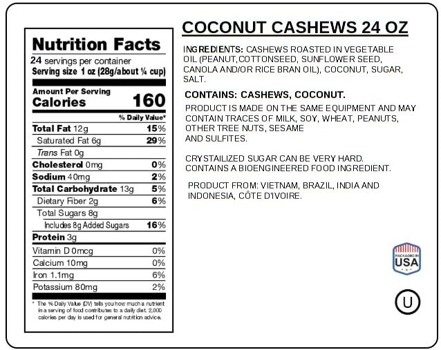 Coconut Toffee Cashew 24 oz Resealable Pouch | Gurmet Holiday Snack, Perfect for Gifting, Stocking Stuffers & Festive Treats | Jaybee's Nuts