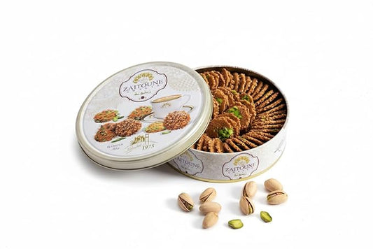 Zaitoune Barazek Cookies - 250 g | Luxurious Crunchy Sesame & Pistachio Biscuits Handcrafted in Turkey | Beautiful Reusable Gift Tin | Perfect for Coffee or Tea | Great Ramadan Sharing Present