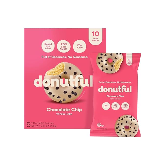 Donutful Chocolate Chip Mini Donuts – Baked Not Fried, Less Sugar, Nothing Artificial, Non-GMO, Individually Wrapped Snack Packs (30 Donuts/Box)