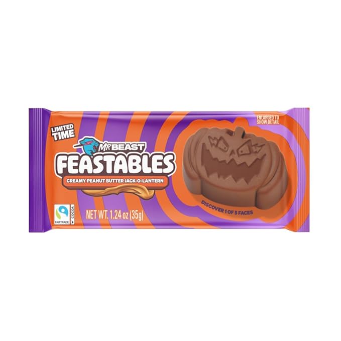 Feastables MrBeast Peanut Butter Jack-O-Lantern, Milk Chocolate & Creamy Peanut Butter Filling, Cups for Adults & Kids, Chocolate Candy for Halloween Snacks, Made With Fairtrade Cocoa, 30 Count