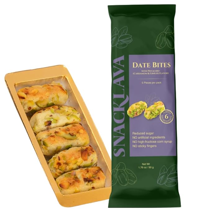 Snacklava Pistachio Date Bites with Cardamom - 20 Pack (60 Pieces) - Pistachio and Date Filled Maamoul Shortbread Cookies - No Artificial Ingredients, Colors or Preservatives