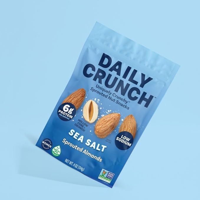 Daily Crunch Sprouted Almonds and Dehydrated Nuts for a Unique Crunch, Keto Friendly, Non-GMO Zero Seed Oils, Gluten Free, 4oz (2 Pack, Sea Salt)