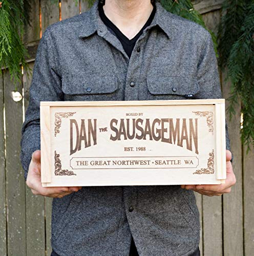 Dan the Sausageman's Signature Gift (Favorite) Gourmet Gift Basket Featuring Smoked Summer Sausage, Savory SeaBear Salmon, Wisconsin Cheese, Sweet Hot Mustard, and a Reuseable Keepsake Wood Pine Crate