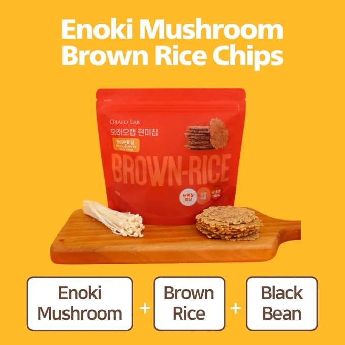Korean Food Oraeo-Lab Korean Brown Rice Chips with Enoki Mushroom – Vegan Pressed Snack, Not Fried | Healthy Plant-Based Crisps, 170g (6 oz) Bag, 팽이버섯 현미칩