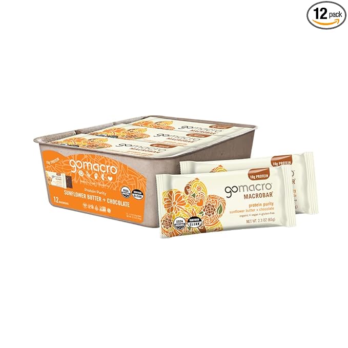 GoMacro MacroBar Organic Vegan Protein Bars - Sunflower Butter + Chocolate (2.3 Ounce Bars, 12 Count