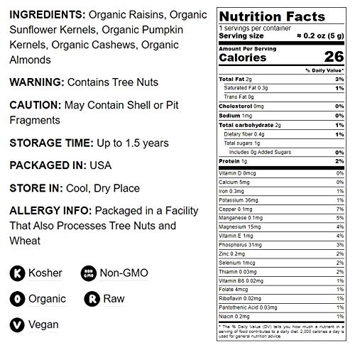 Organic Raw Seeds, Nuts and Raisins Mix, 1 Pound - Raw and Non-GMO Trail Mix Contains Walnuts, Almonds, Cashews, Hazelnuts, and Raisins. Vegan Superfood Snack, Kosher, No Added Sugar and Oil, Bulk