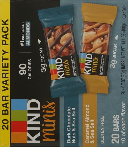 KIND Minis Snack Bars, Dark Chocolate Nuts & Sea Salt and Caramel Almond & Sea Salt, 3g Sugar, Gluten Free Bars, Variety Pack, 0.7 OZ, (20 Count) (Pack of 2)
