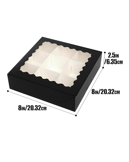 qiqee 8x8x2.5 Inch Black Pastry Box With Window Donut Pie Boxes 12pcs Bakery Box (Auto-pop Up)