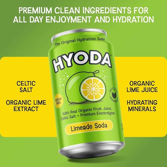 HYODA Limeade Soda, Gluten Free and Vegan Sparkling Electrolyte Drink, Made with Organic Lime Juice, Celtic Salt, and Calcium, Keto, Zero Sugar, Plant Based, Caffeine Free, 12 FL OZ Cans, 12 Pack